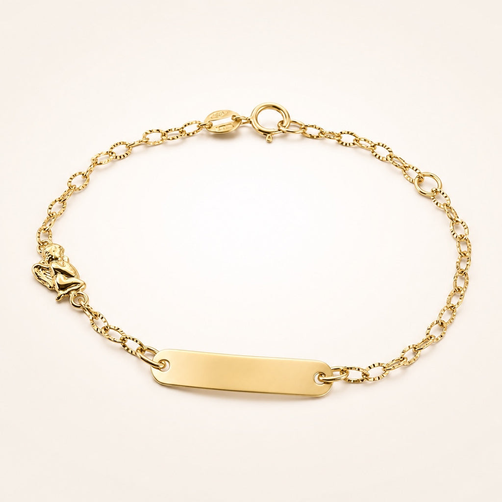 Bracciale con targa con soggetto angioletto e maglie zigrinate