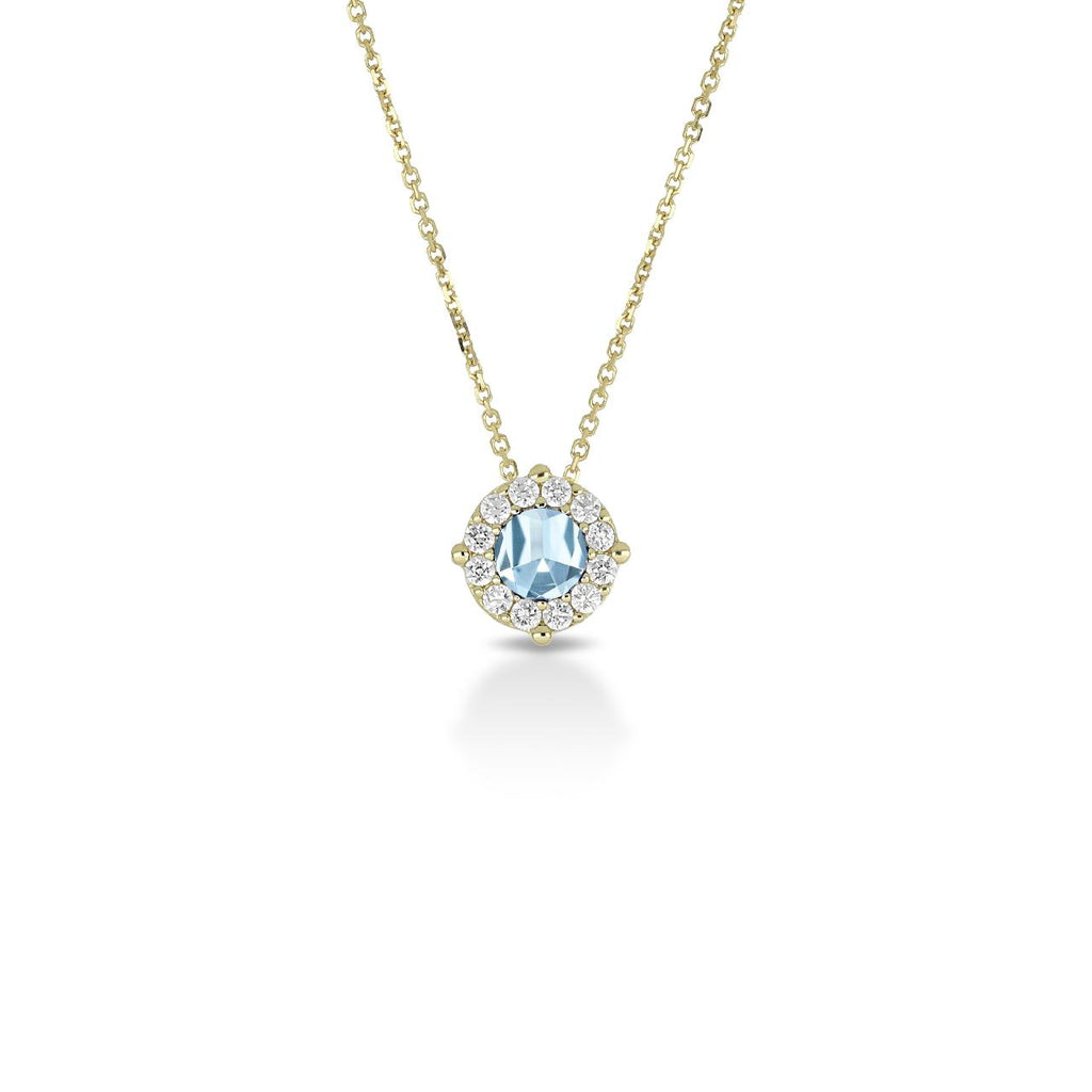 Collana Magic con zircone acquamarina centrale e contorno di micro-zirconi bianchi