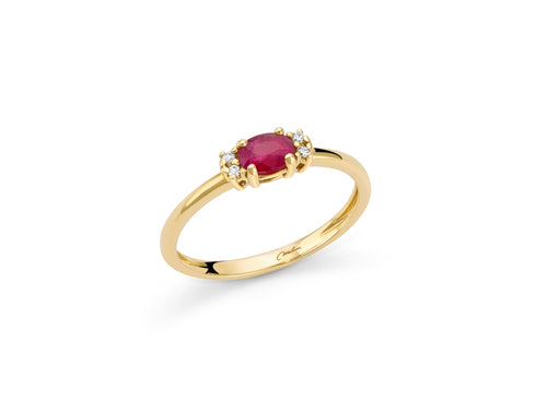 Anello con rubino ovale e diamanti in oro giallo 375