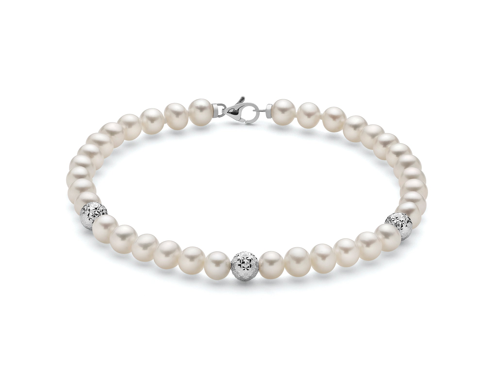 Bracciale di perle Oriente con tre sfere in oro bianco sfaccettate