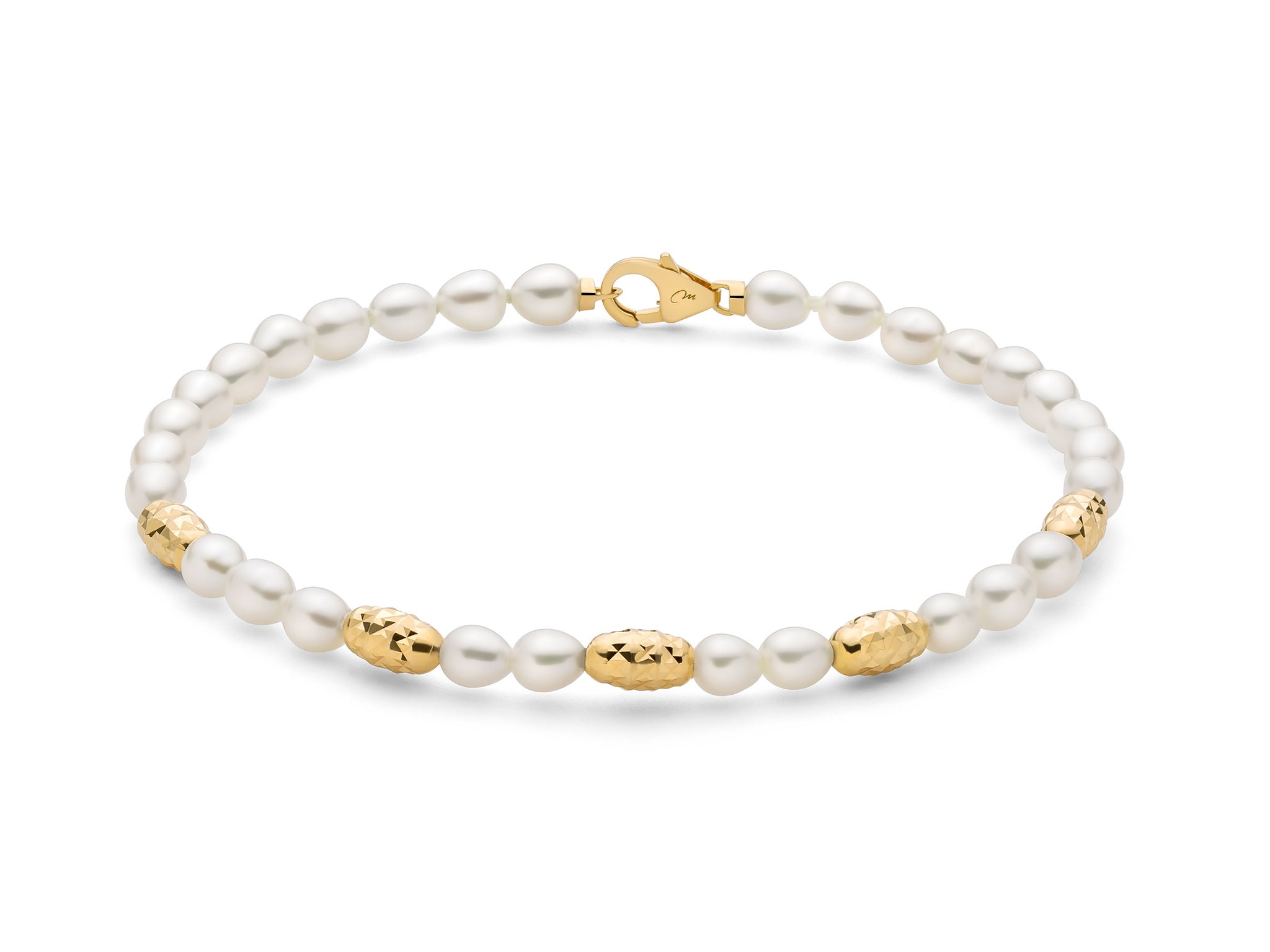 Bracciale Pepite di perle con cinque elementi in argento dorato diamantato.