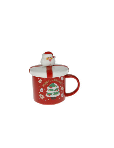 Mug with Red Lid, New Bone China, and a Spoon with a Santa Claus Gold Stainless Steel Silicone Handle, 8029722899480 (Pre-Order Product)