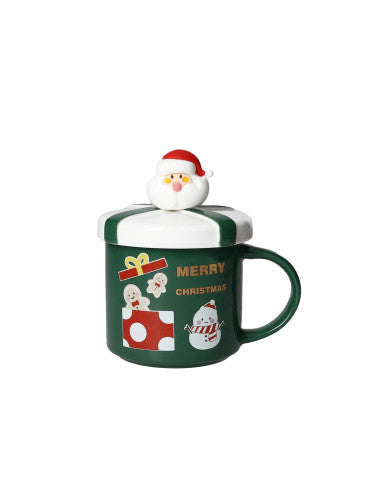 Mug with Green Lid, New Bone China, and a Spoon with a Santa Claus Gold Stainless Steel Silicone Lid, 8029722899473 (Pre-Order Product)